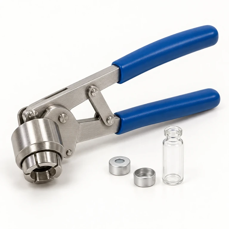 Blue-handled vial crimper with aluminum seals and a clear vial